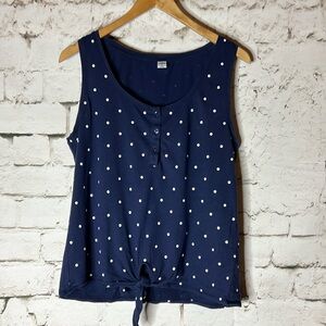 Women’s navy blue and white polkadot tie front tank M